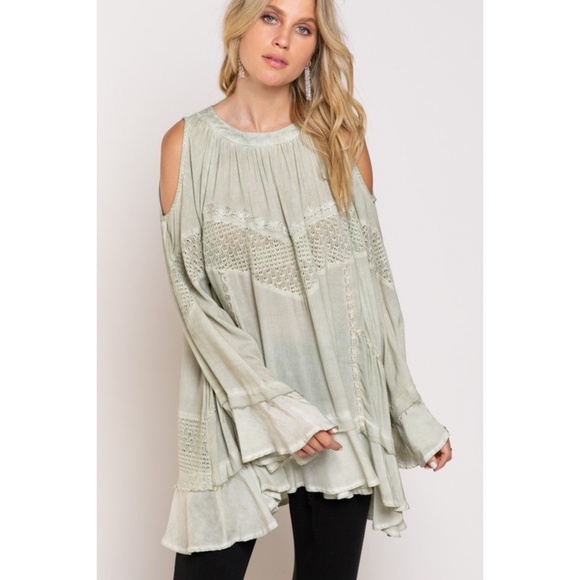 POL Tops - POL Sage Green Long Sleeve Lace Inset Ruffled Tunic Top